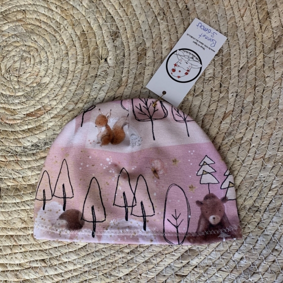 Bonnet fin bébé, Guépards en coton jersey Bio, 2-6 mois, couture création artisanale, cadeaux naissance, suisse