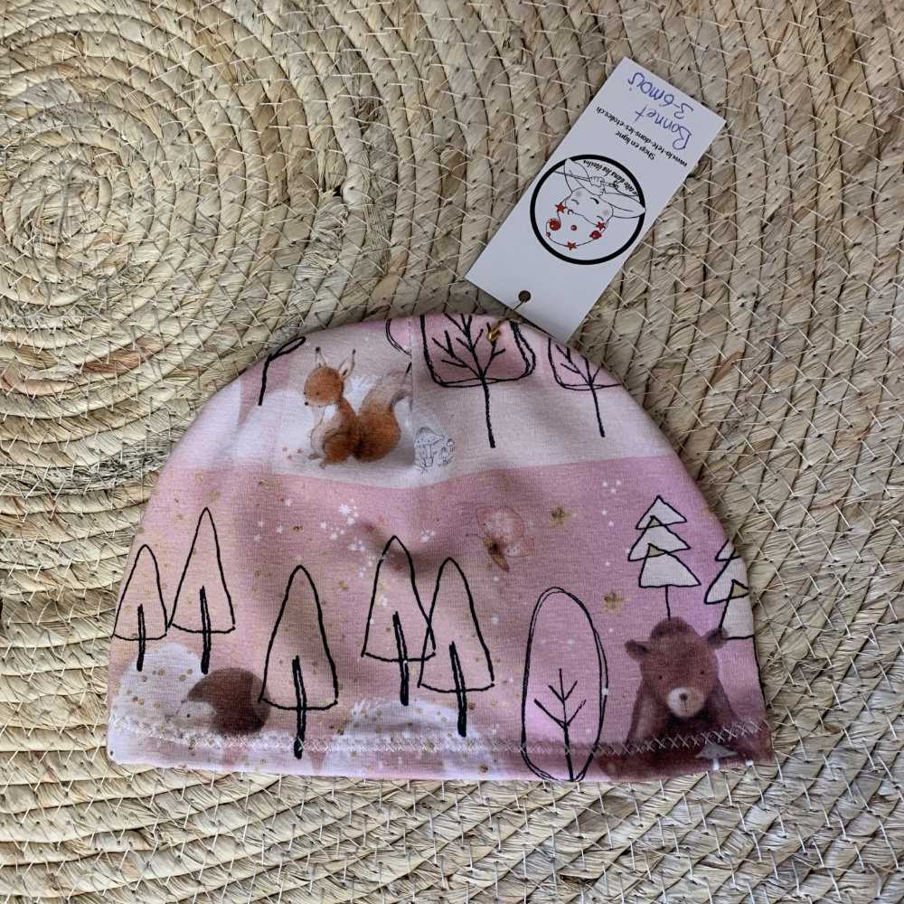 Bonnet fin bébé, Guépards en coton jersey Bio, 2-6 mois, couture création artisanale, cadeaux naissance, suisse