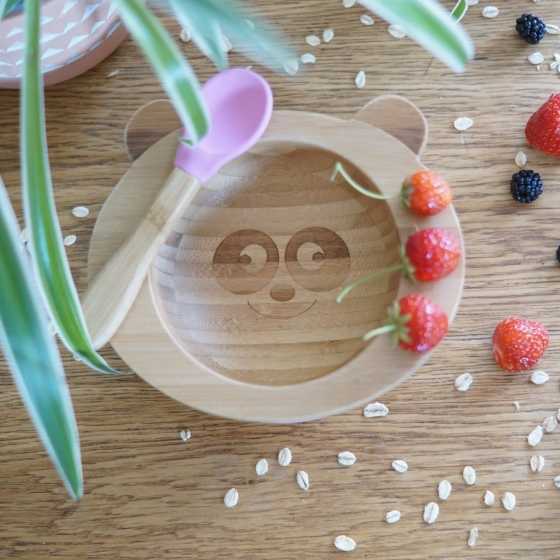 Baby-Essensset aus Bambus und Silikon rosa