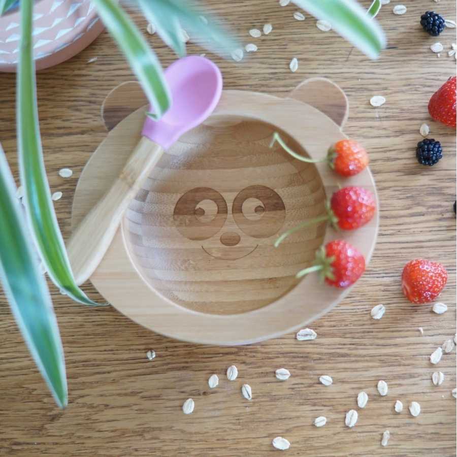 Set de repas bébé en bambou et silicone rose