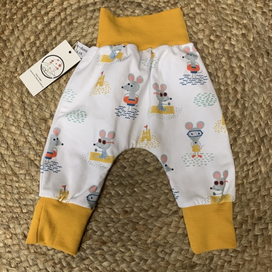Sarouel bébé, Souris jaune en coton jersey Bio, 0-3 mois, couture création artisanale,  cadeaux naissance, suisse