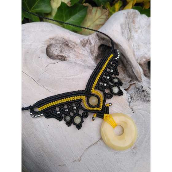 Collier micro-macramé Calcite jaune Donut