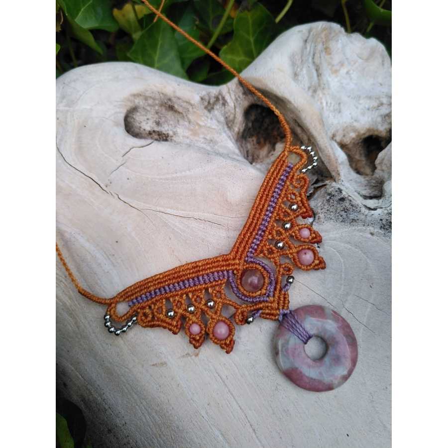 Collier micro-macramé Rhodonite et tourmaline