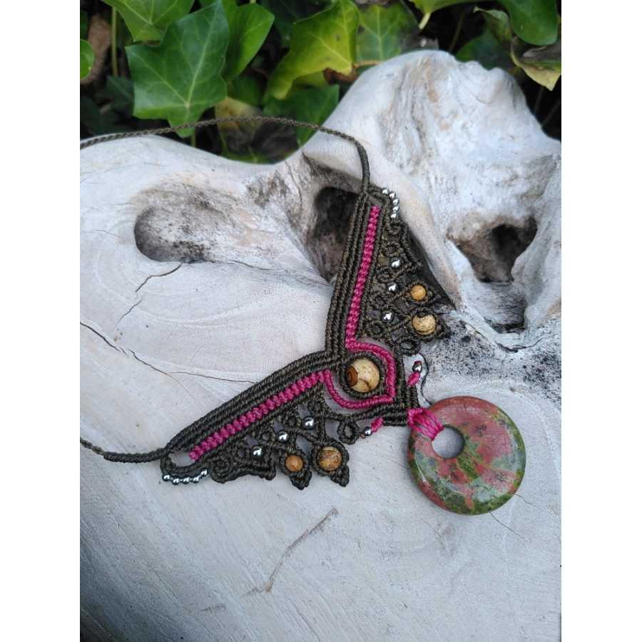 Collier micro-macramé Unakite et Jaspe paysage