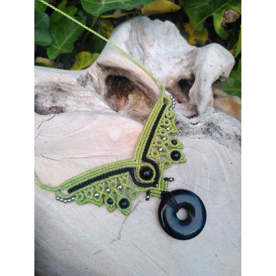 Collier micro-macramé Onyx et Obsidienne