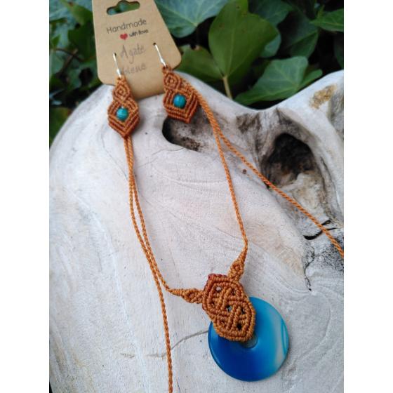 Agate bleue - Parure en micro-macramé brun orangé – Bijoux artisanaux