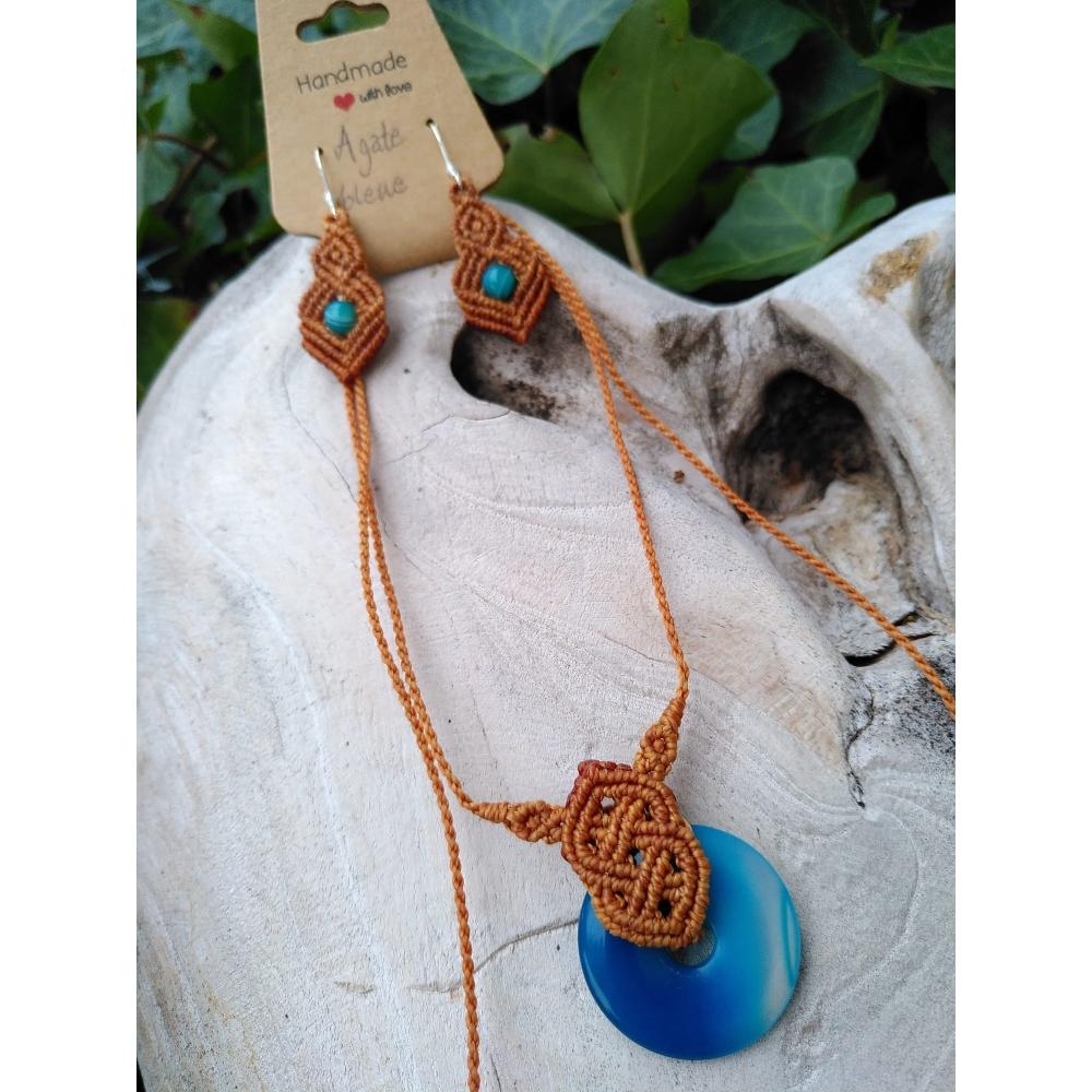Set aus orange-brauner Mikro-Makramee – Blauer Achat – Handgefertigter Schmuck