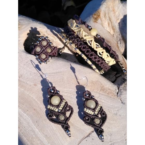 Parure en micro-macramé noir cendré et vanille – Calcite jaune – Bijoux artisanaux