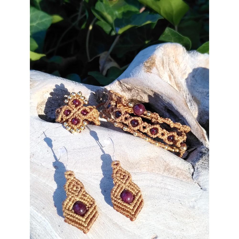 Granat - Schmuckset aus hellbraunem Mikro-Makramee – Handgefertigter Schmuck