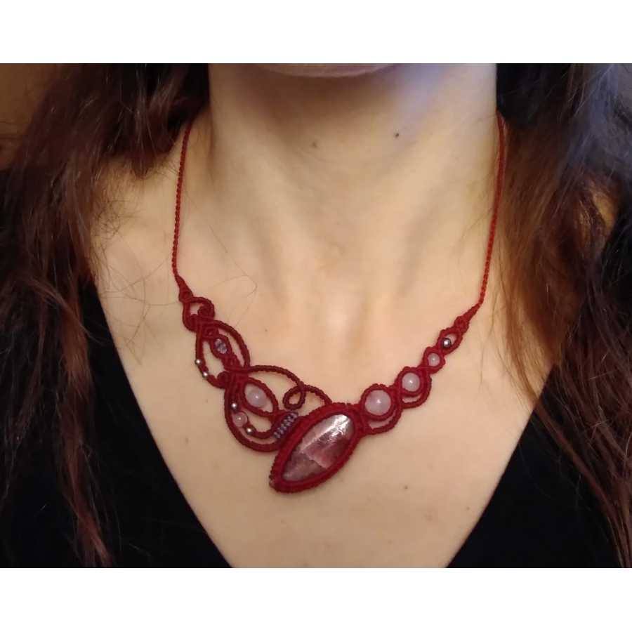 Collier micro-macramé Rhodonite et Quarz rose