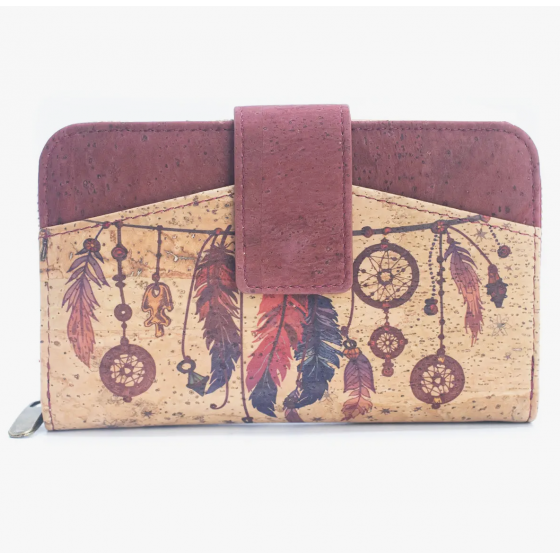 Portefeuille imprimé à mini-rabat en liège Plumes