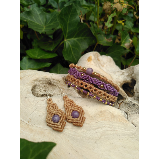 Parure bracelet et boucles micro-macramé Lépidolite