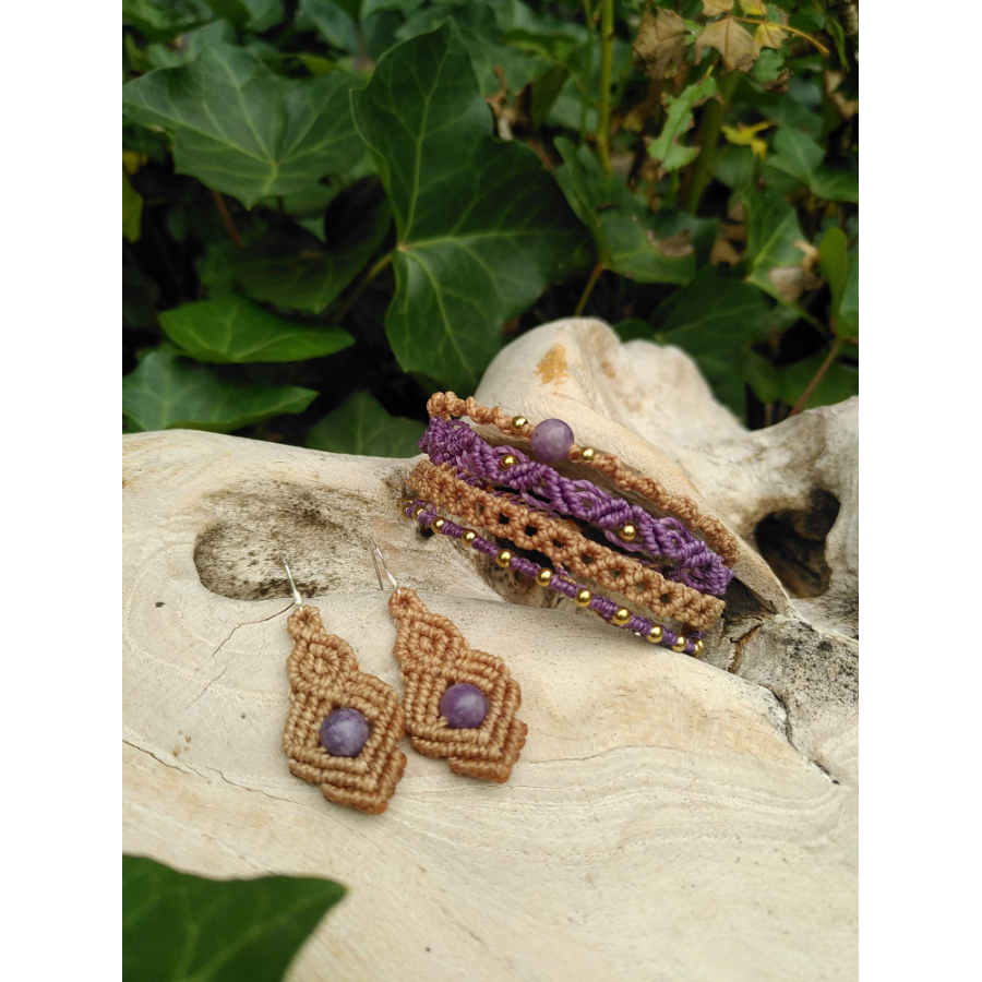 Set Armband und Ohrringen aus Mikro-Makramee Lepidolith