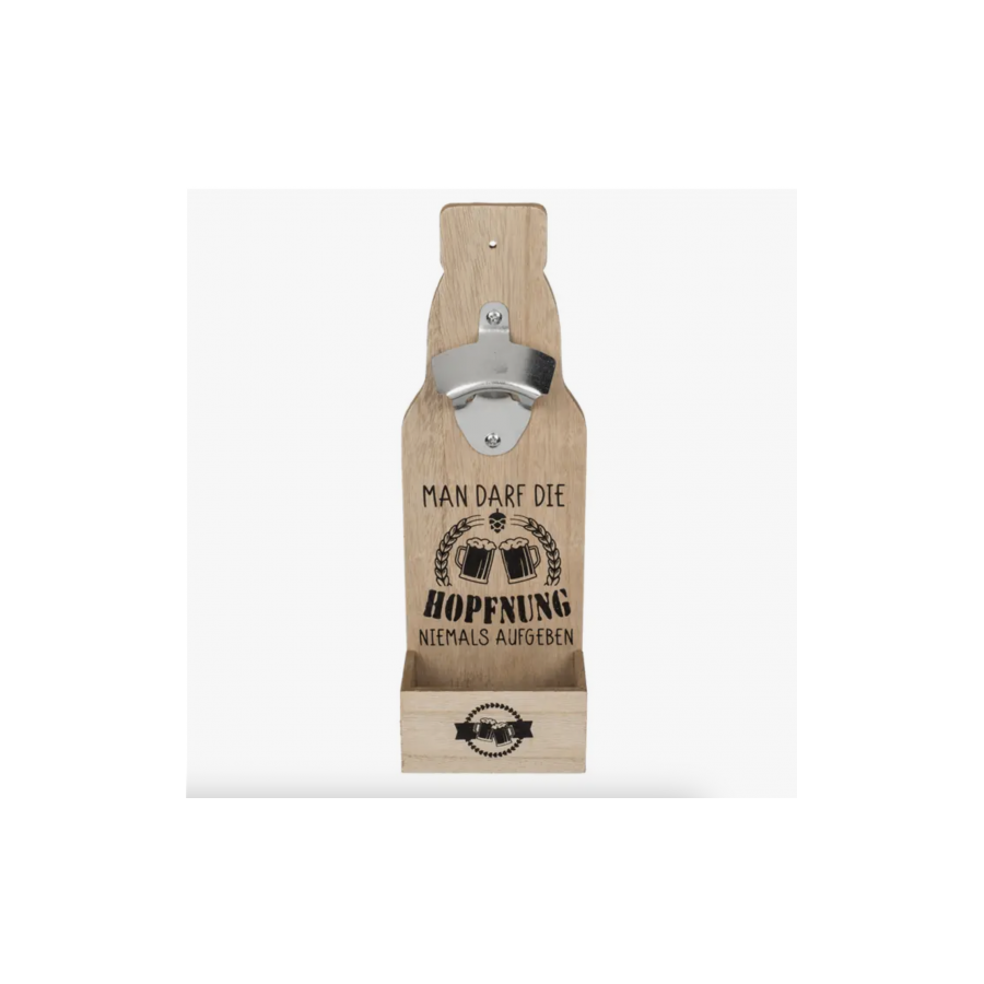 Décapsuleur en métal sur planche en bois avec inscriptions Man Darf