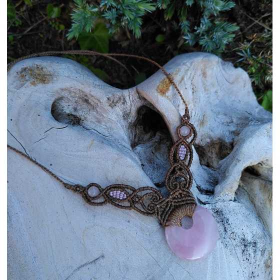 Rosenquarz -Mikromakramee-Halsband home made - Donut brauner Faden