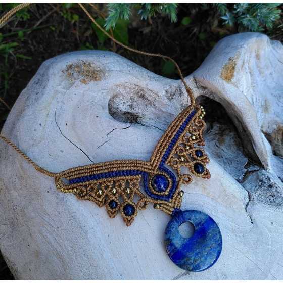Lapis-Lazuli - Mikromakramee-Halsband home made - Donut Faden beige