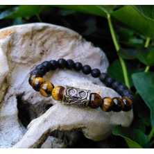 Dagaz - Tigerauge - Erfüllung und Transition, handgefertigtes Armband aus Lavastein für Männer