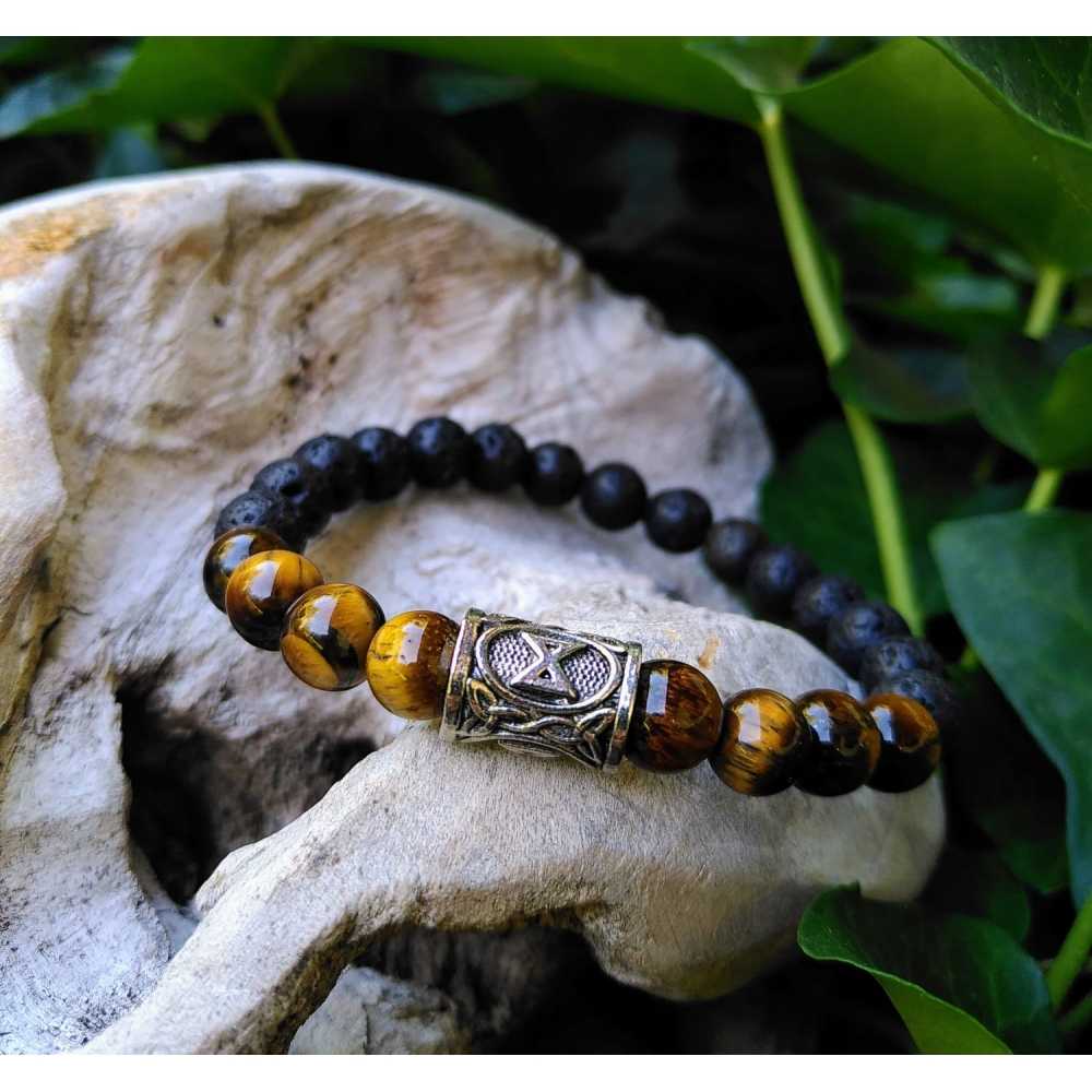 Dagaz - Oeil de tigre - Accomplissement et Transition, bracelet artisanal pierre de lave pour homme