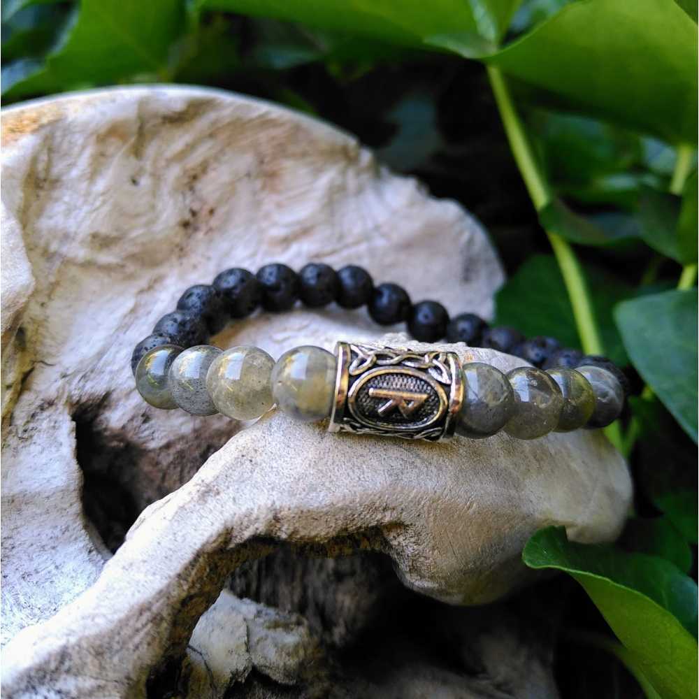 Raido - Labradorit - Reise und Fortschritt, handgefertigtes Armband aus Lavastein für Männer