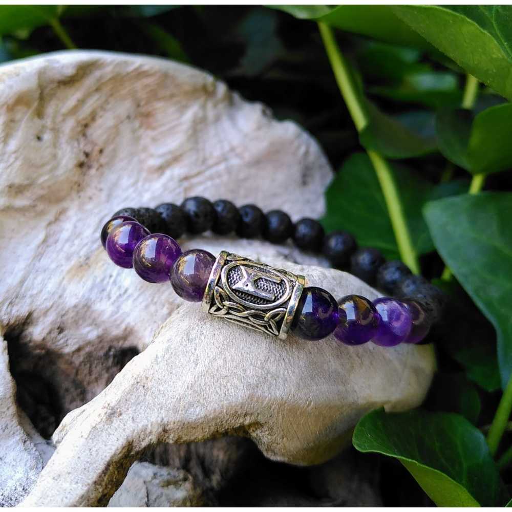Mannaz - Améthyste - Equilibre et Espérance, bracelet artisanal pierre de lave pour homme