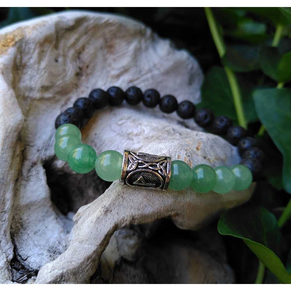 Wunjo - Aventurin - Freude und Brüderlichkeit, handgefertigtes Armband aus Lavastein für Männer