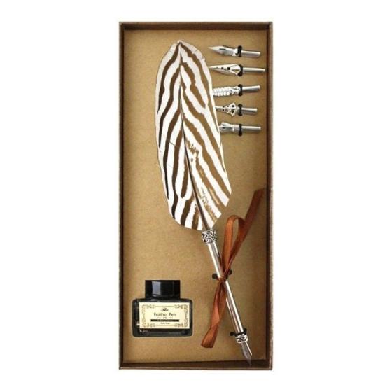 Federkiel-Tintenset, goldbraune Box mit Fasanenfeder