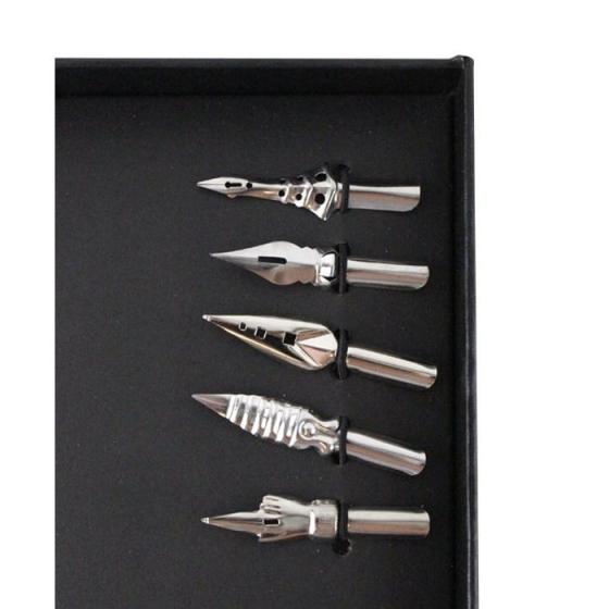Set de calligraphie avec Stylo plume blanche, 5 embouts supplémentaire et encrier. Quill dip pen ink set
