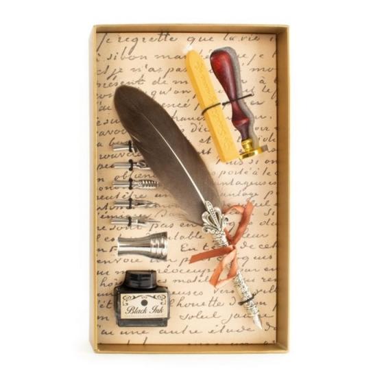 Set de calligraphie avec plume grise, différents embouts, support, encrier, tampon et cire