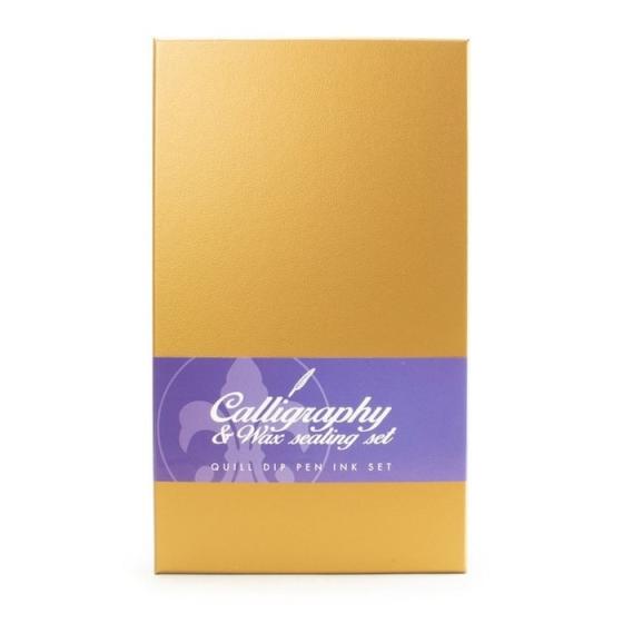 Set de calligraphie avec plume grise, différents embouts, support, encrier, tampon et cire