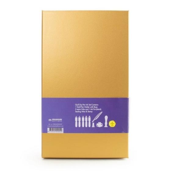 Kalligrafie-Set mit grauer Feder, verschiedenen Spitzen, Ständer, Tintenfass, Stempel und Wachs