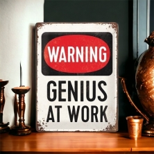Plaque métallique - Warning genius at work, cadeaux, pour lui, original, pour hommes.