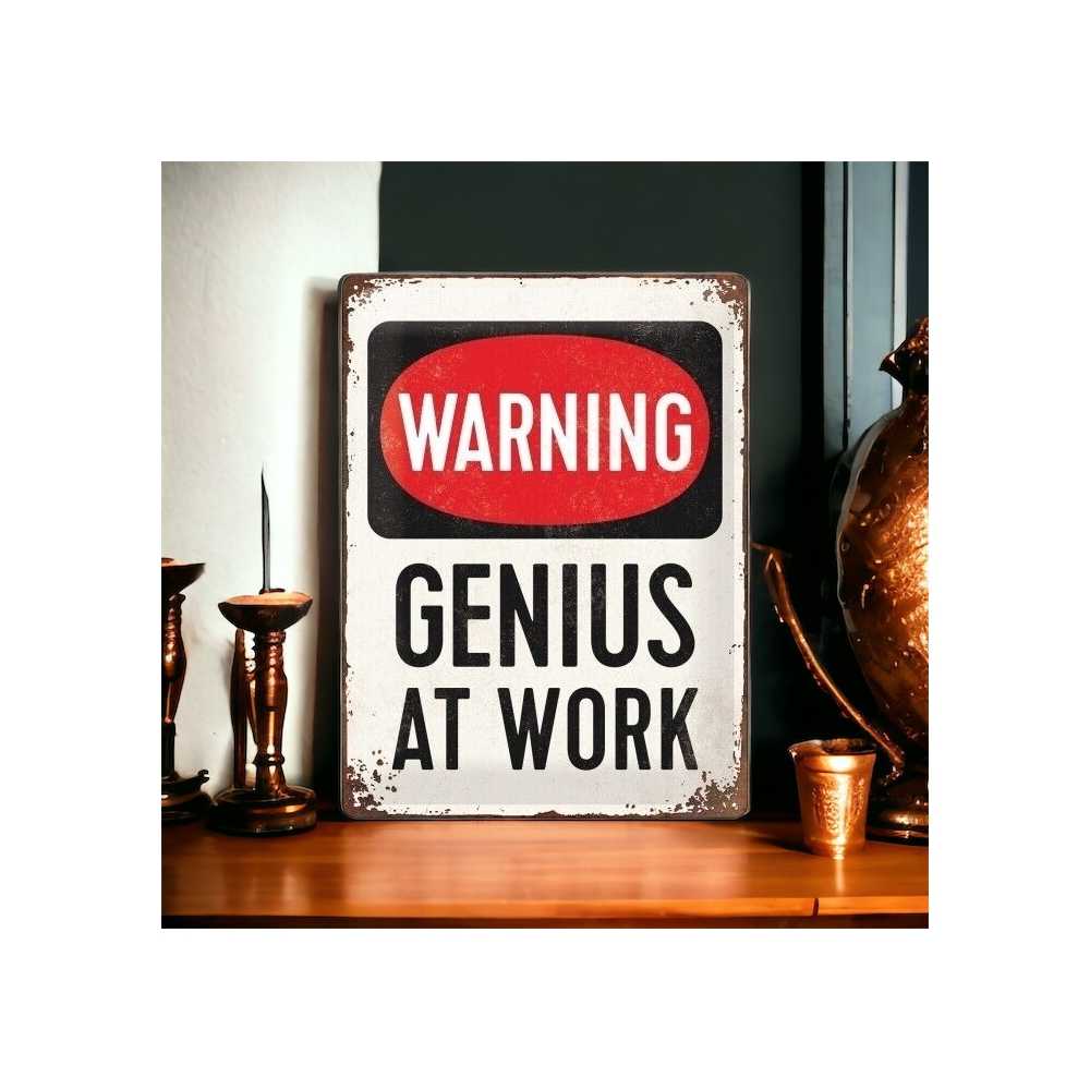 Plaque métallique - Warning genius at work, cadeaux, pour lui, original, pour hommes.