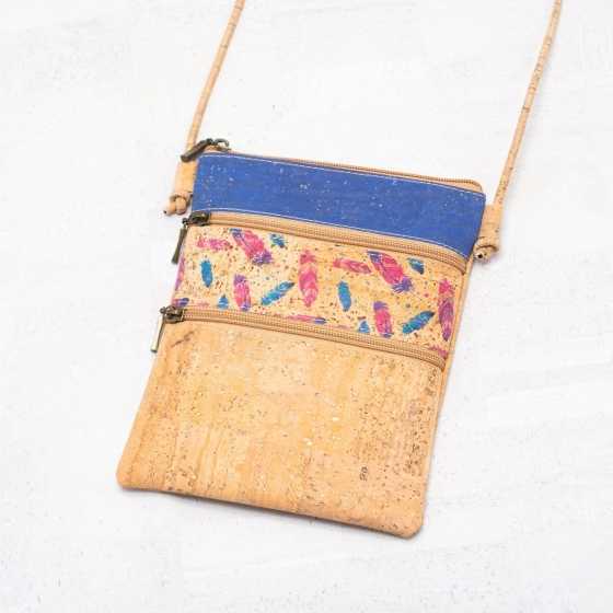 Sac à bandoulière zippé en liège pour femmes à motifs plumes