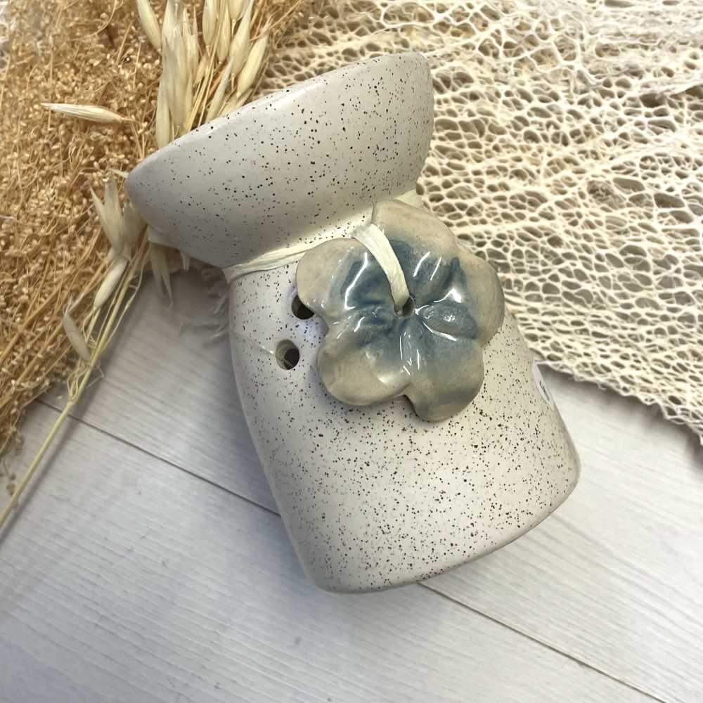 Ölbrenner Keramik gesprenkelt - Creme mit Blumen - Blau