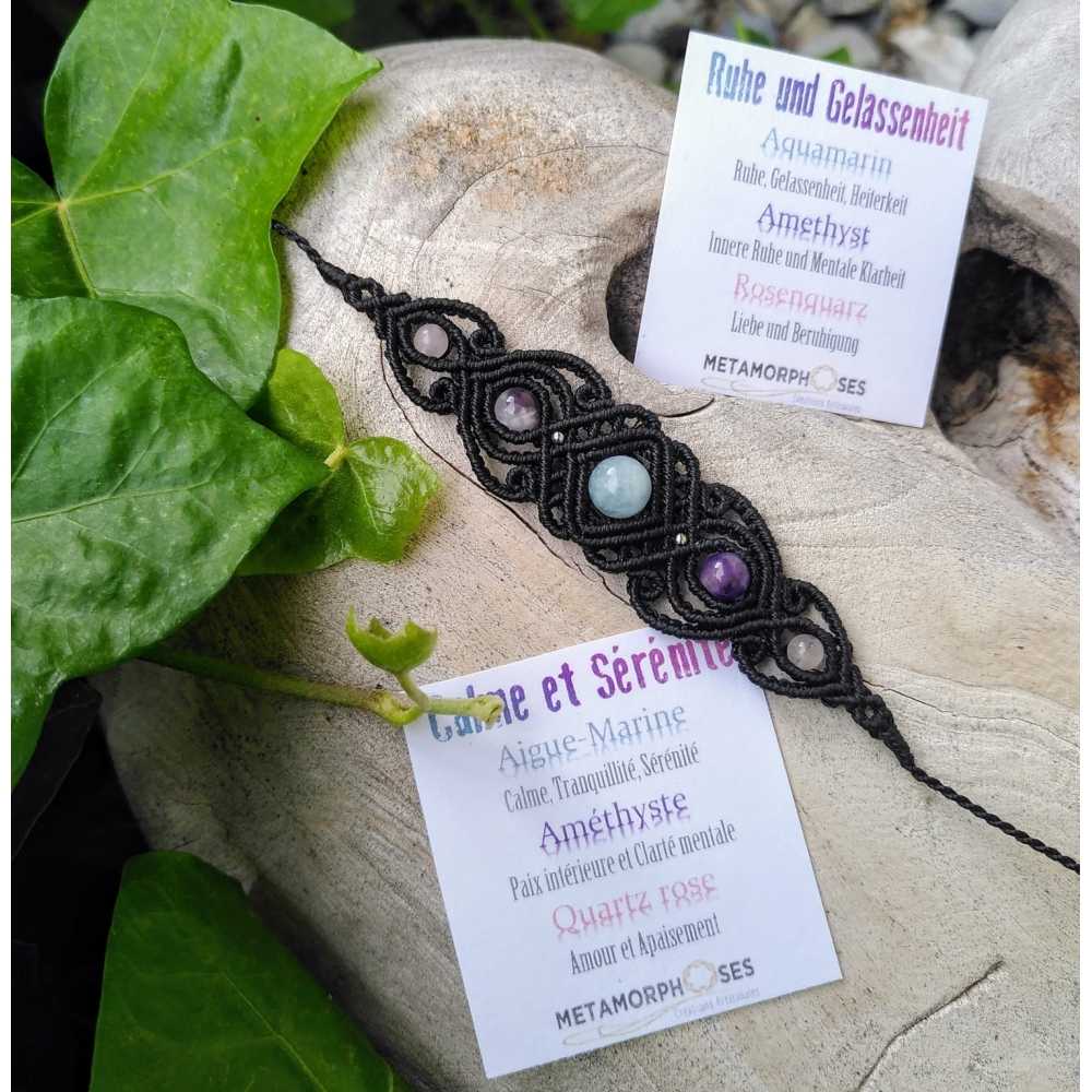 Calme et Sérénité - Bracelet Aigue-Marine, Améthyste, Quartz rose - Micro-macramé