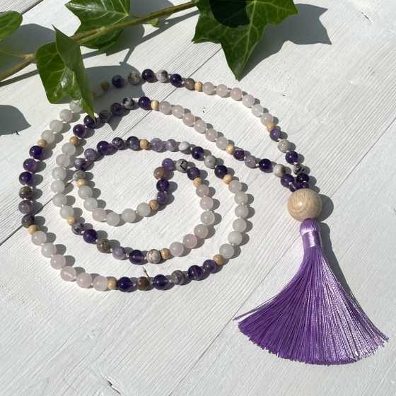 Mala aus Rosenquarz und Amethyst - Liebe und Spirituelle Weisheit