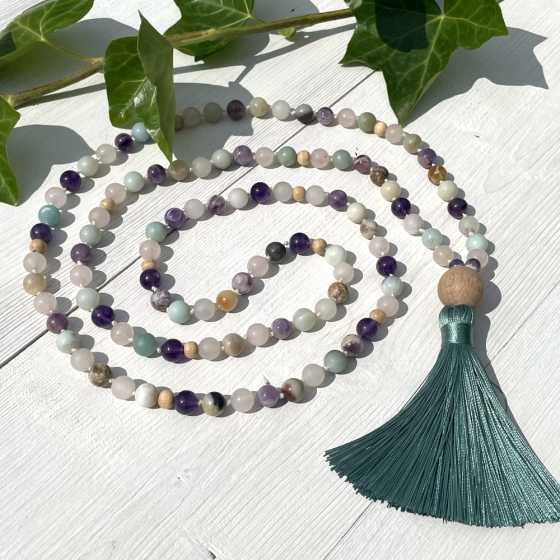 Mala aus Rosenquarz, Amethyst und Amazonit - Liebe, Weisheit und Harmonie