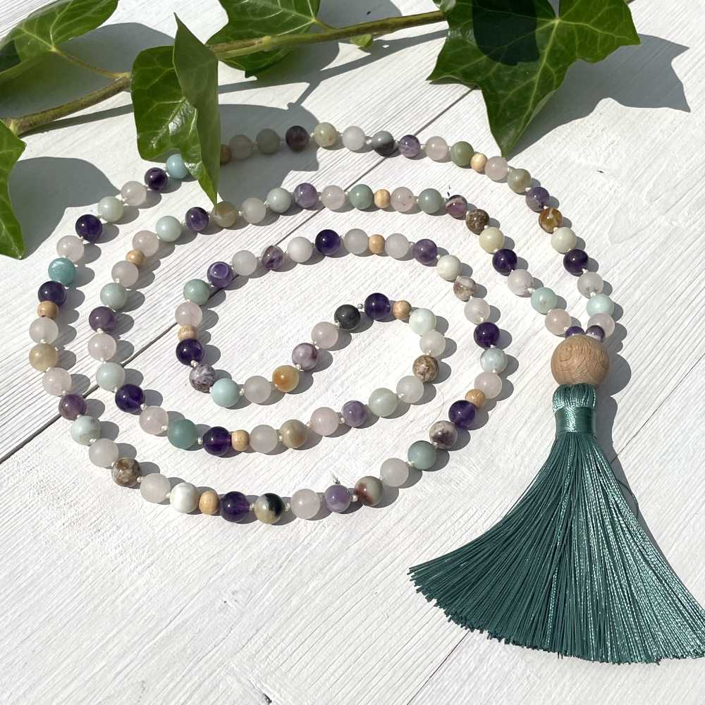 Mala aus Rosenquarz, Amethyst und Amazonit - Liebe, Weisheit und Harmonie