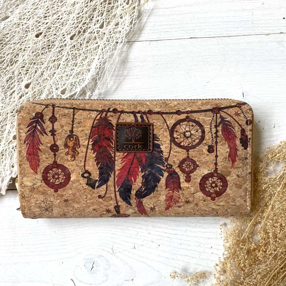 Brieftasche aus Kork mit Federn