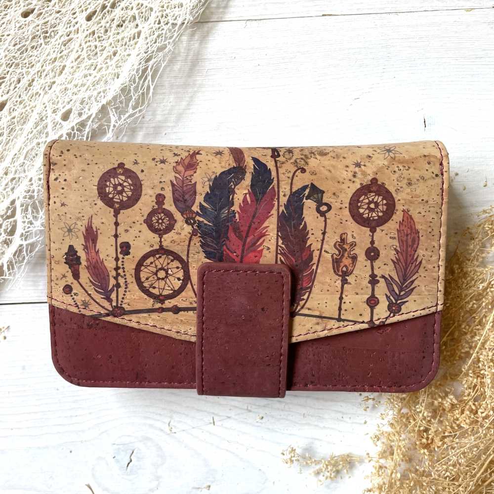 Bedruckte Brieftasche mit Mini-Klappe aus Kork Federn