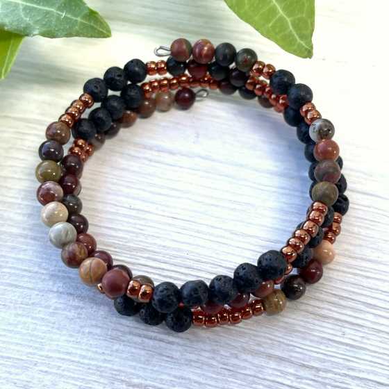 Bracelet triple Jaspe Picasso et pierre de lave, taille S/M