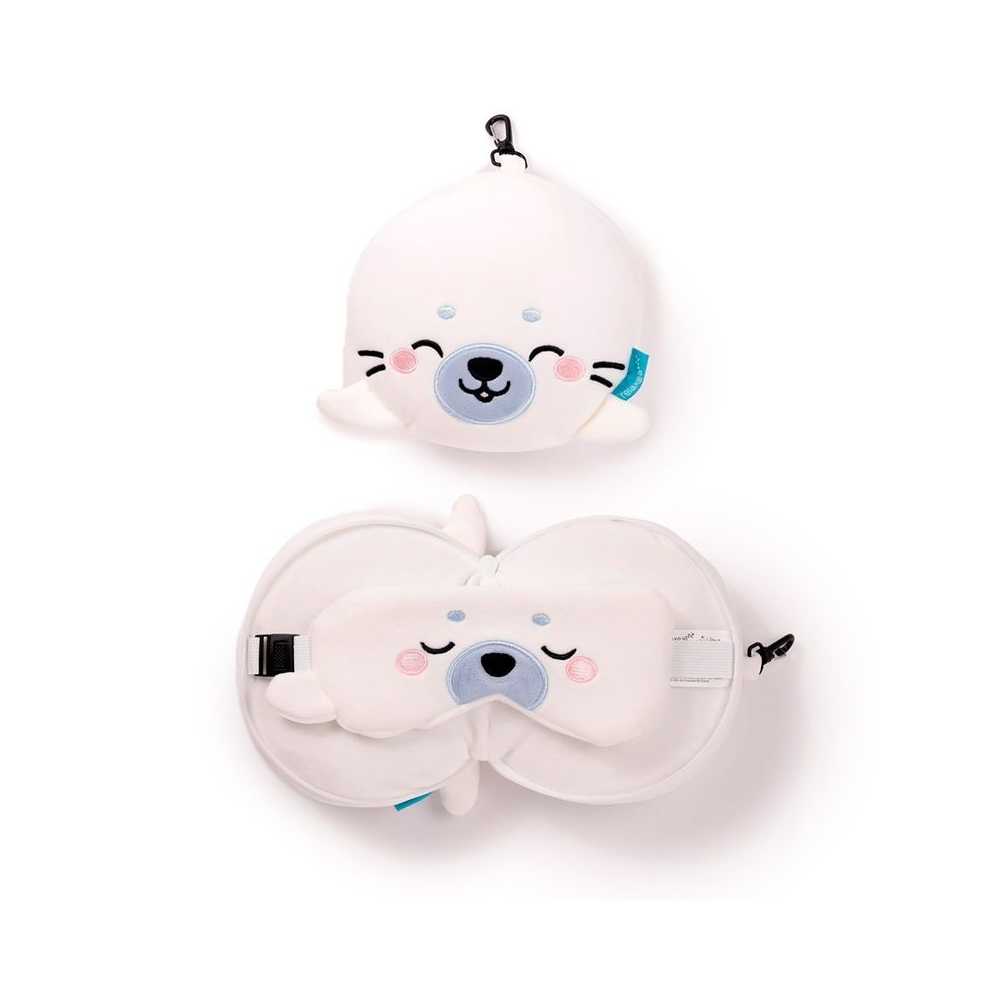 Coussin de Voyage Relaxeazzz Peluché 2-en-1 avec Masque Yeux Adoramals - Kai le Phoque