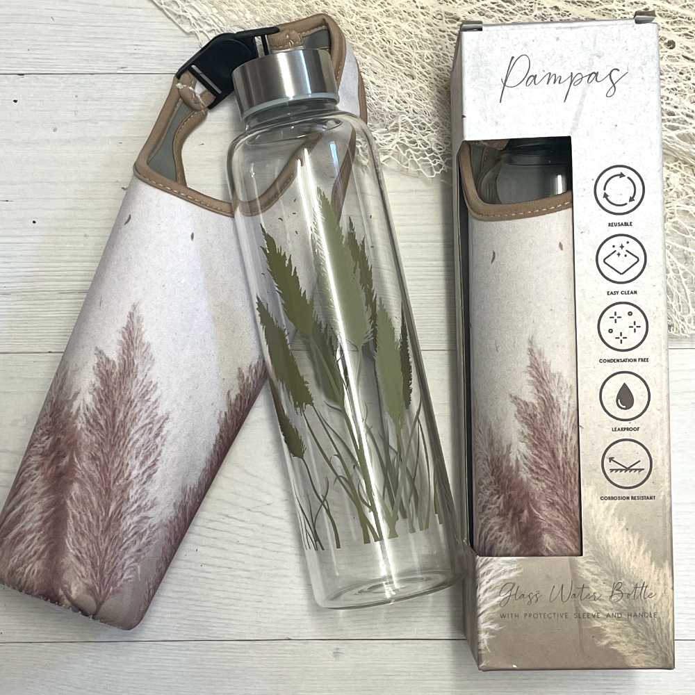 Bouteille d'eau en verre avec manchon de protection Pampas Grass