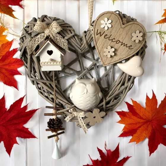 Décoration Coeur en osier "Welcome" Hibou