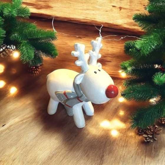 Petit renne blanc en résine avec écharpe