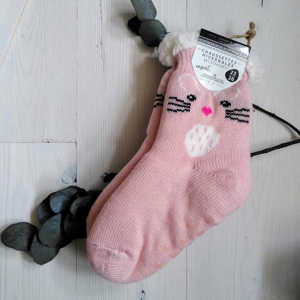 Chaussettes hivernales antidérapantes roses pour enfants - 23/26