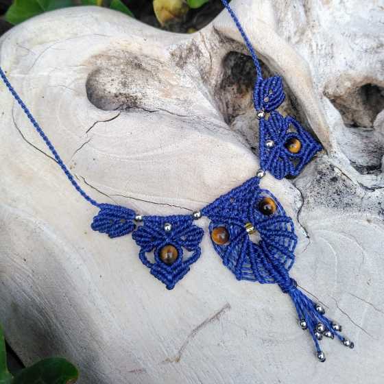 Oeil de tigre - Collier micro-macramé - Hibou