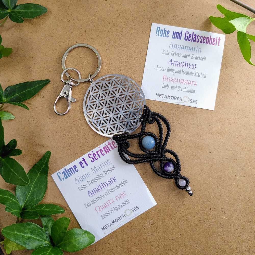 Porte-clés "Calme et Sérénité" avec Fleur de vie - Micro-macramé