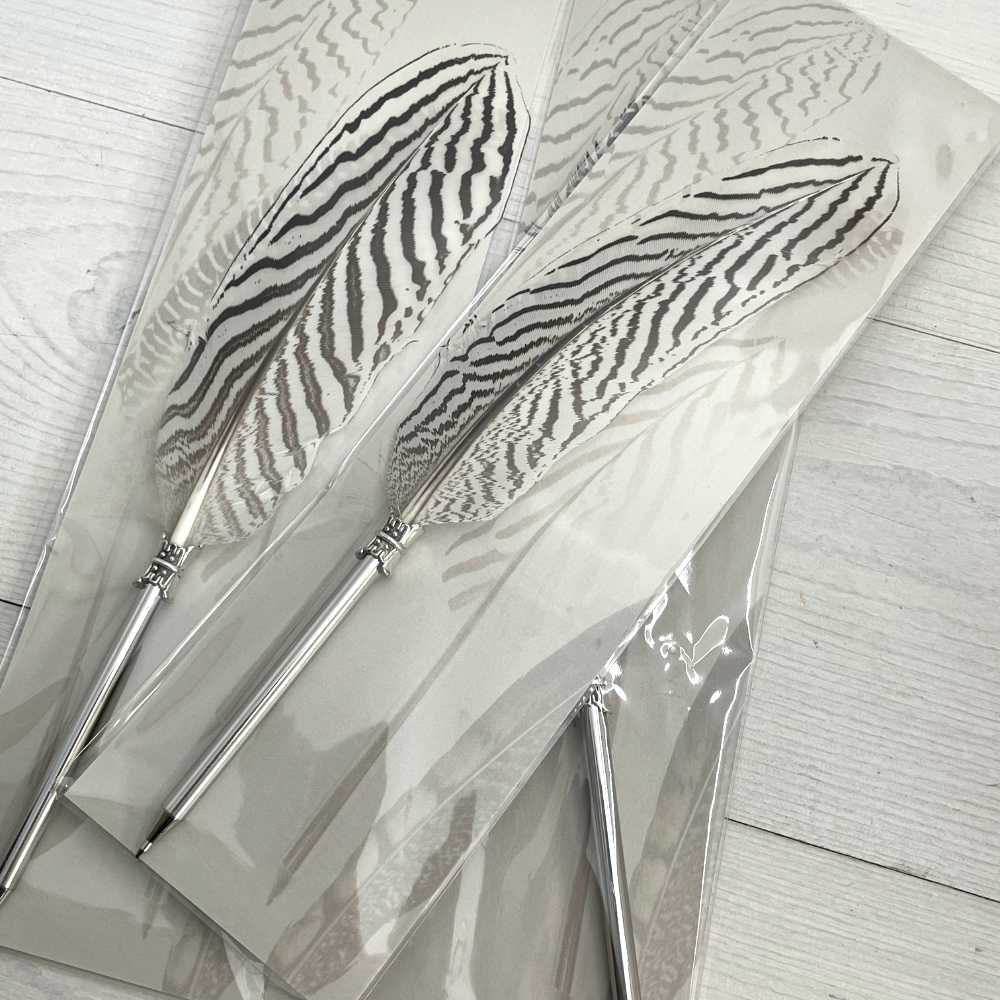 Stylo à bille plume faisan argenté, marron / blanc
