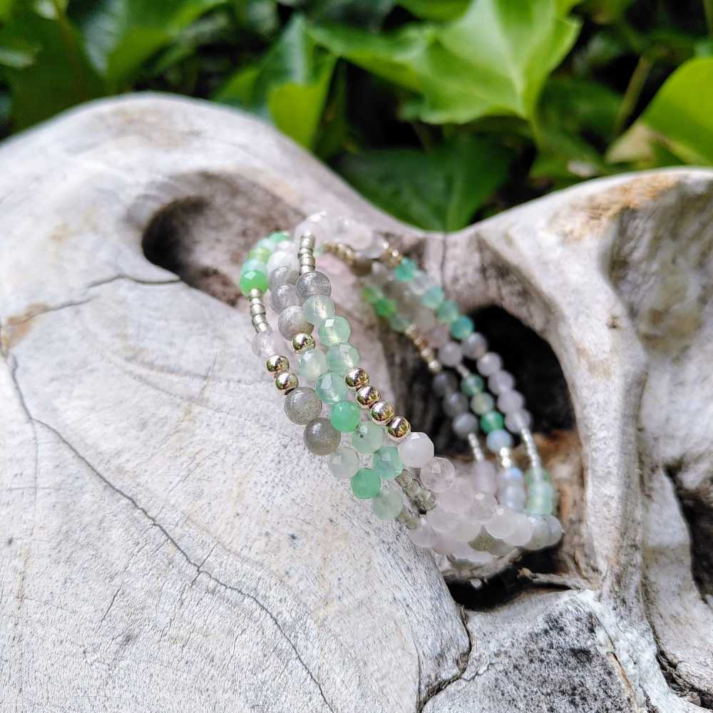 Armband aus Rosenquarz, Labradorit & Chrysopras – 925er Silber – Intuition, Herzöffnung & Schutz
